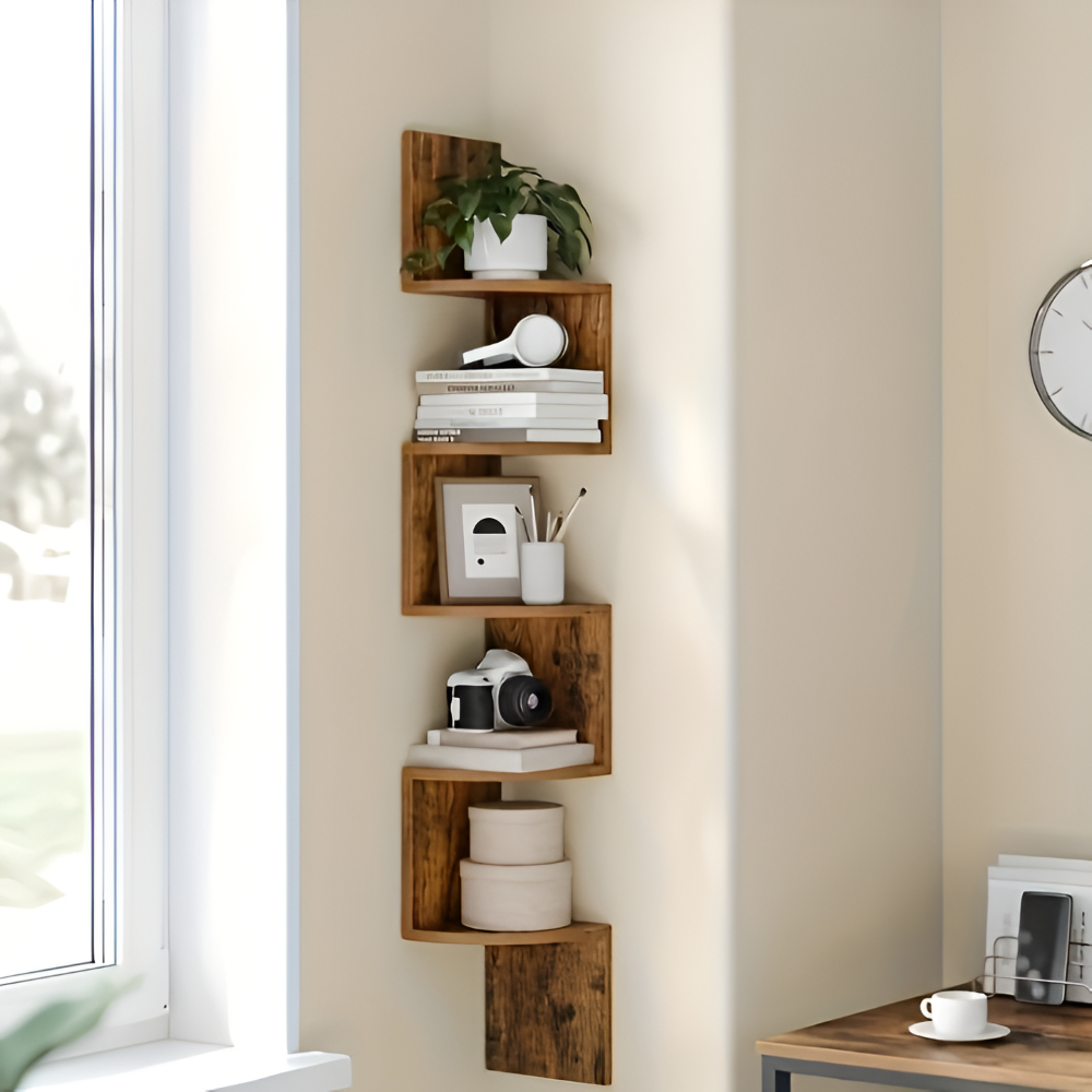 CornerRise – Elegant 5-Stegs Hörnhylla i Rustikt Trä