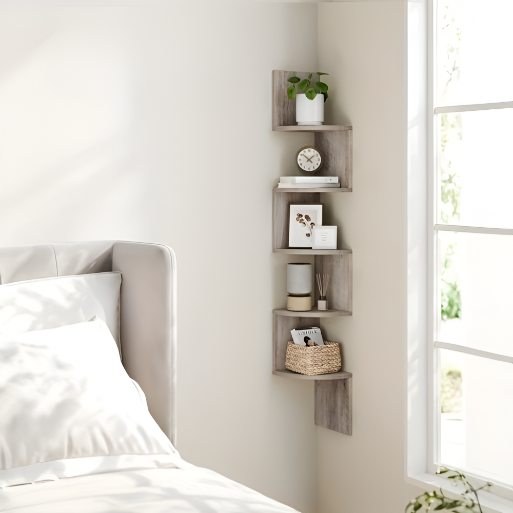 CornerRise – Elegant 5-Stegs Hörnhylla i Rustikt Trä