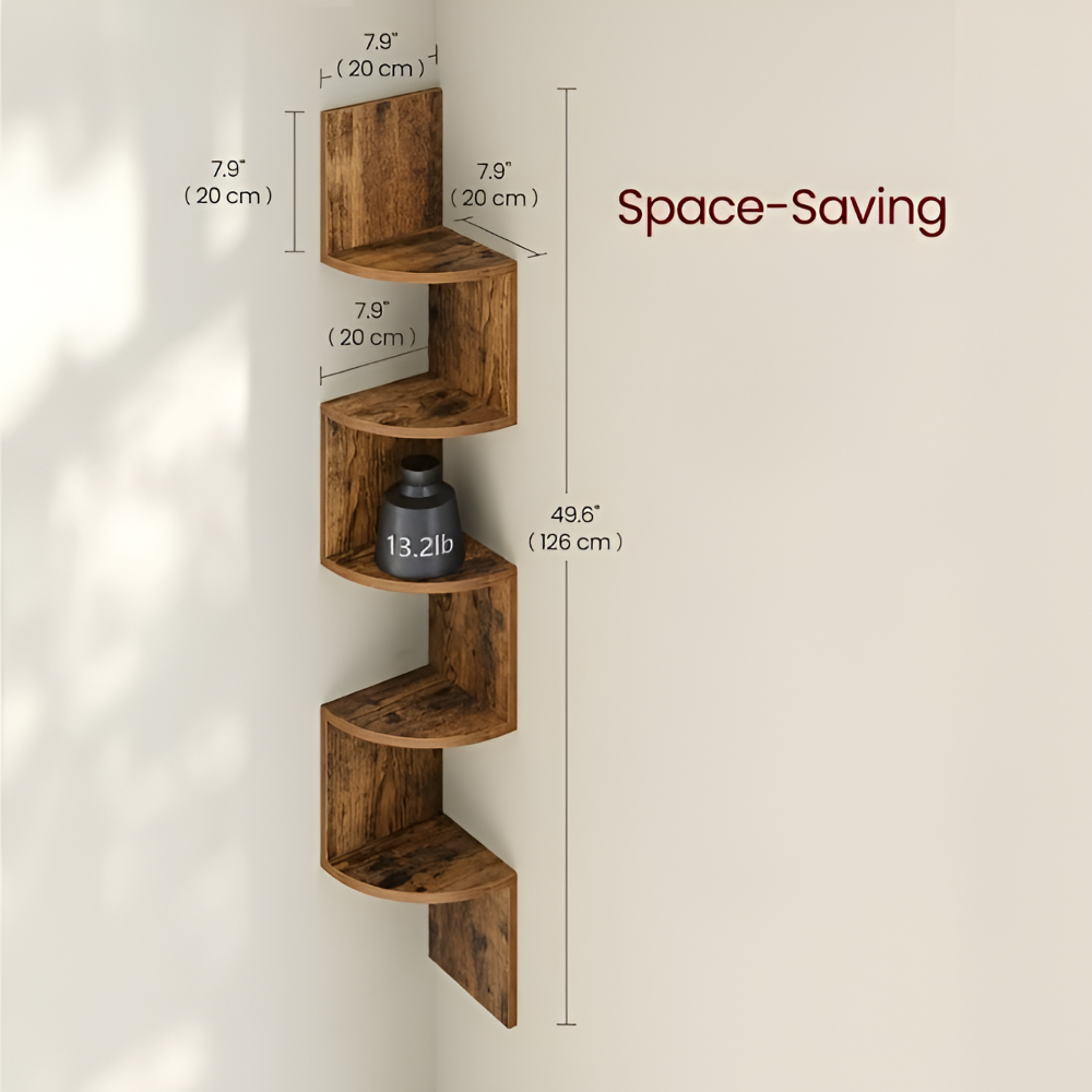 CornerRise – Elegant 5-Stegs Hörnhylla i Rustikt Trä