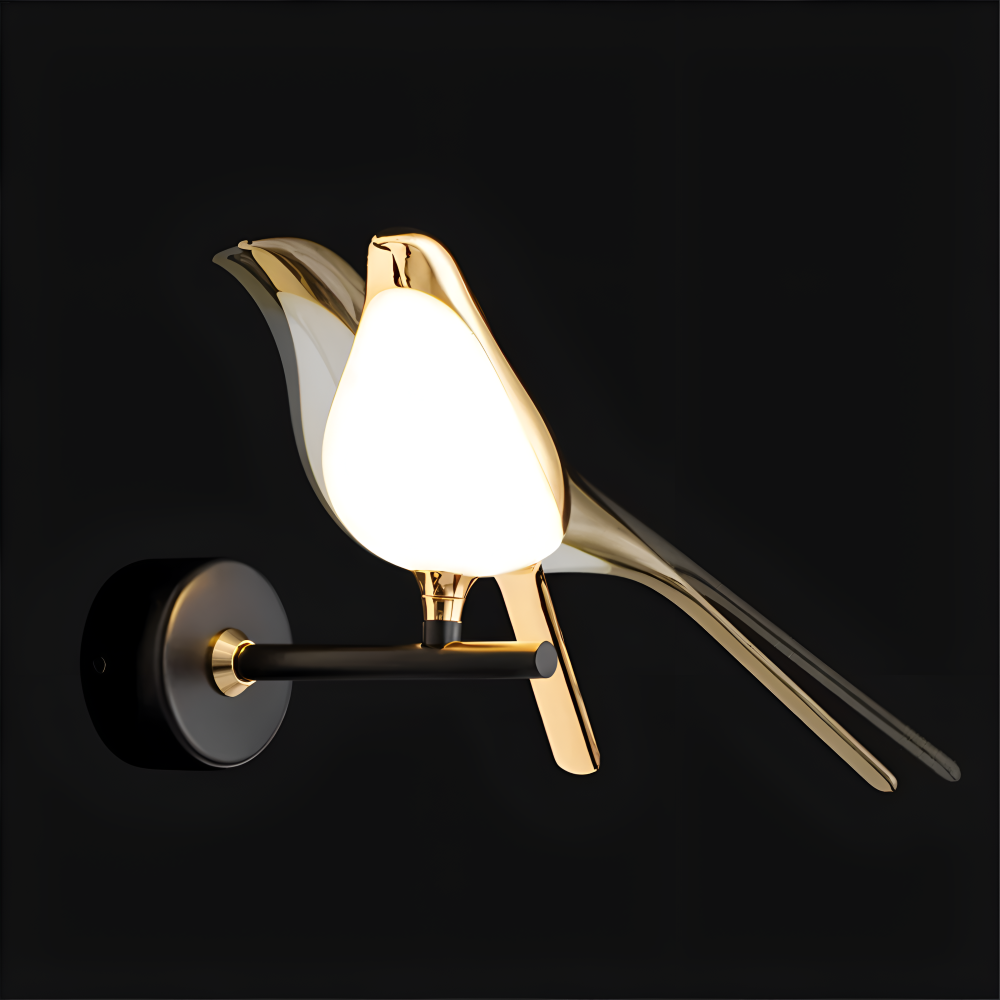 Aves Glow – Guld Vägglampa med Roterande Fågeldesign och LED-belysning