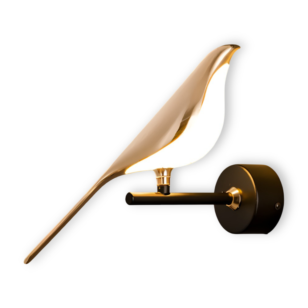 Aves Glow – Guld Vägglampa med Roterande Fågeldesign och LED-belysning