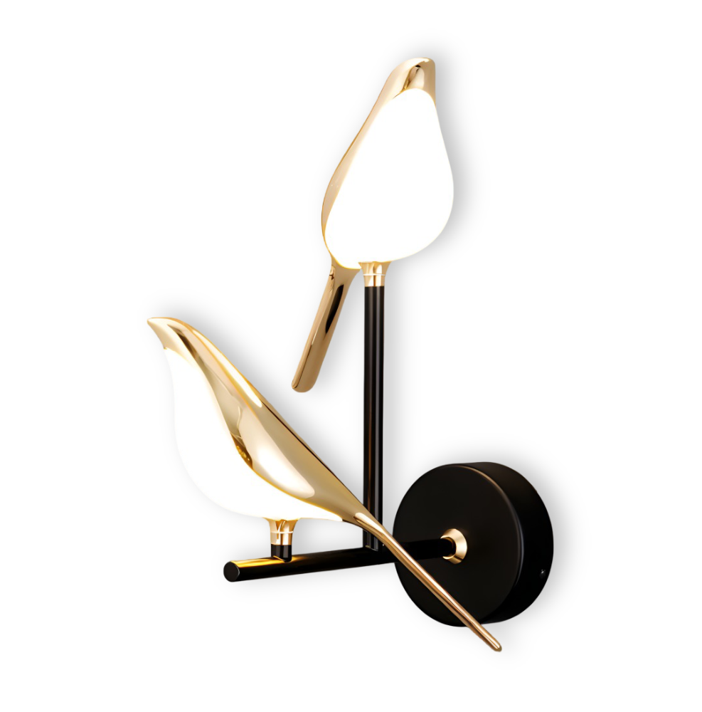 Aves Glow – Guld Vägglampa med Roterande Fågeldesign och LED-belysning
