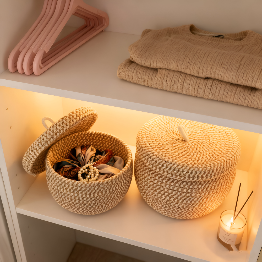 BohoNest – Rund Förvaringskorg med Lock i Jute & Bomull