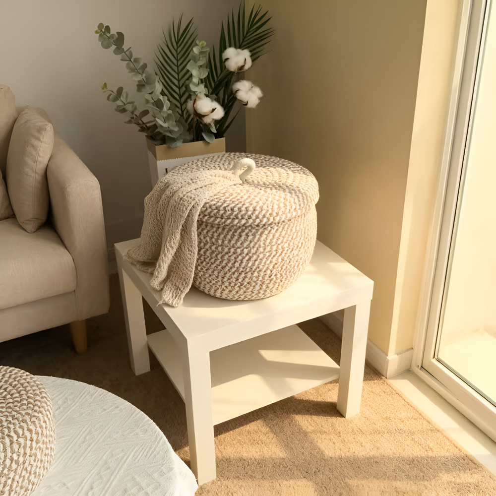 BohoNest – Rund Förvaringskorg med Lock i Jute & Bomull