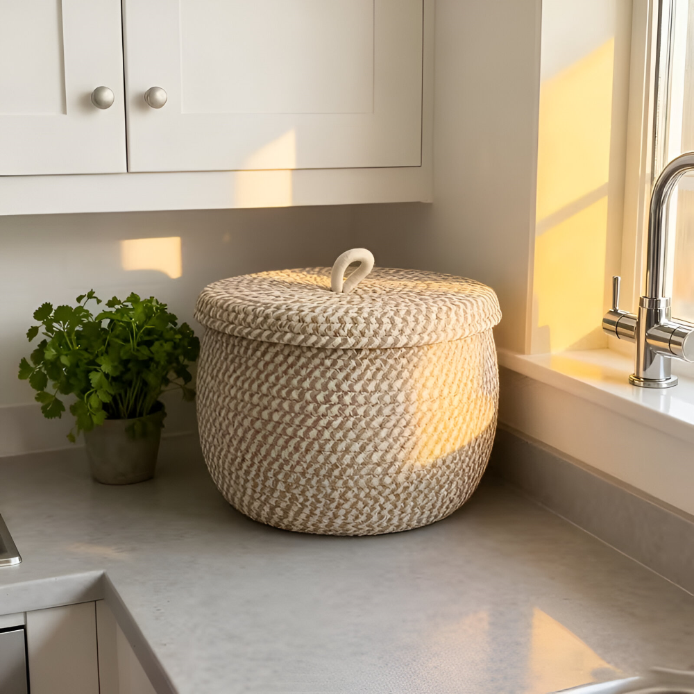 BohoNest – Rund Förvaringskorg med Lock i Jute & Bomull