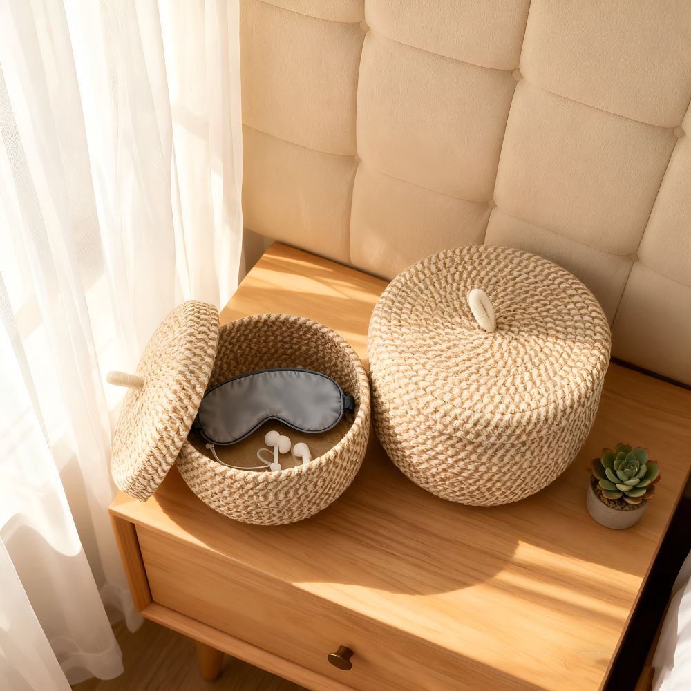 BohoNest – Rund Förvaringskorg med Lock i Jute & Bomull