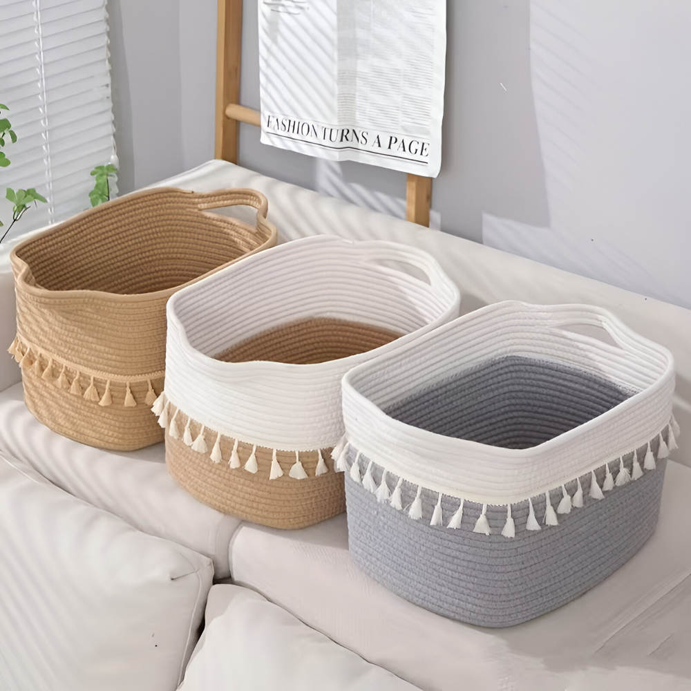 BohemiaFrans – Boho Förvaringskorg i Flätad Bomull med Handtag