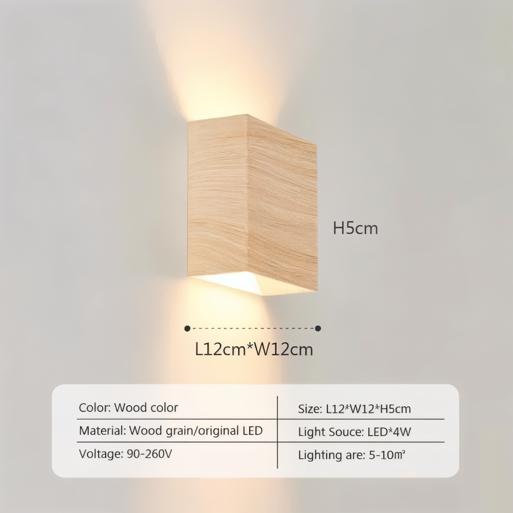 Boxy – Rektangulär Vägglampa i Trä med Up & Down LED-belysning för Sovrum