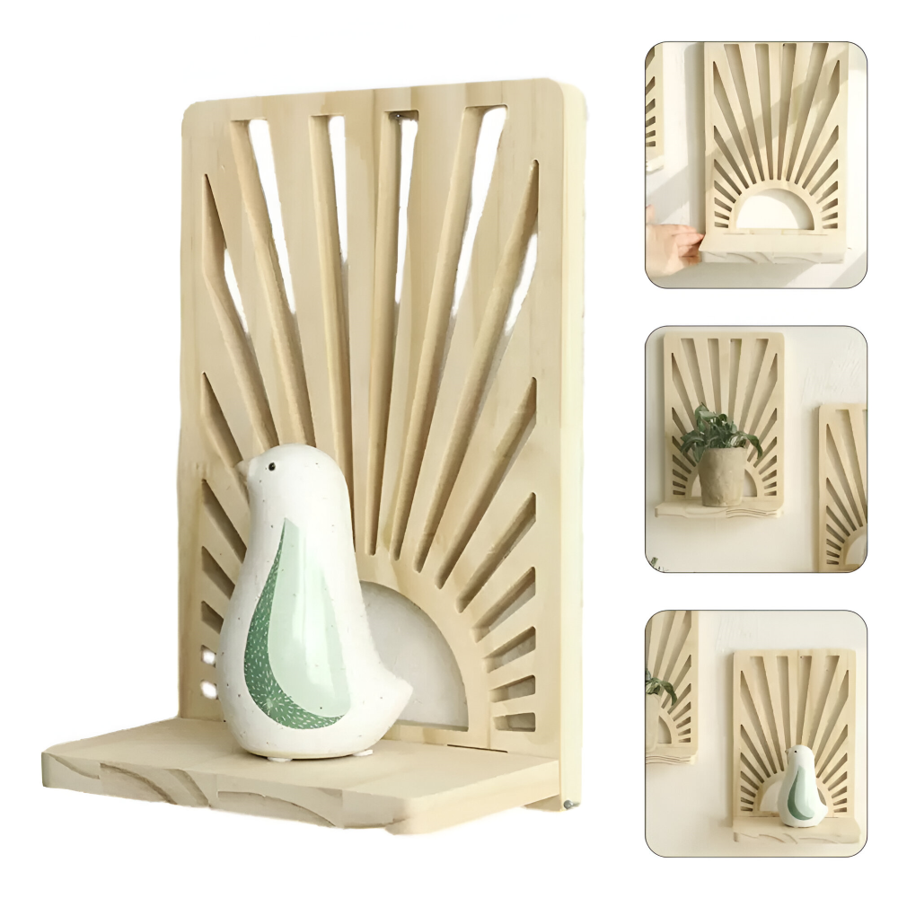 SunBeam Shelf – Boho Solstråleformad Trähylla för Växter & Dekor