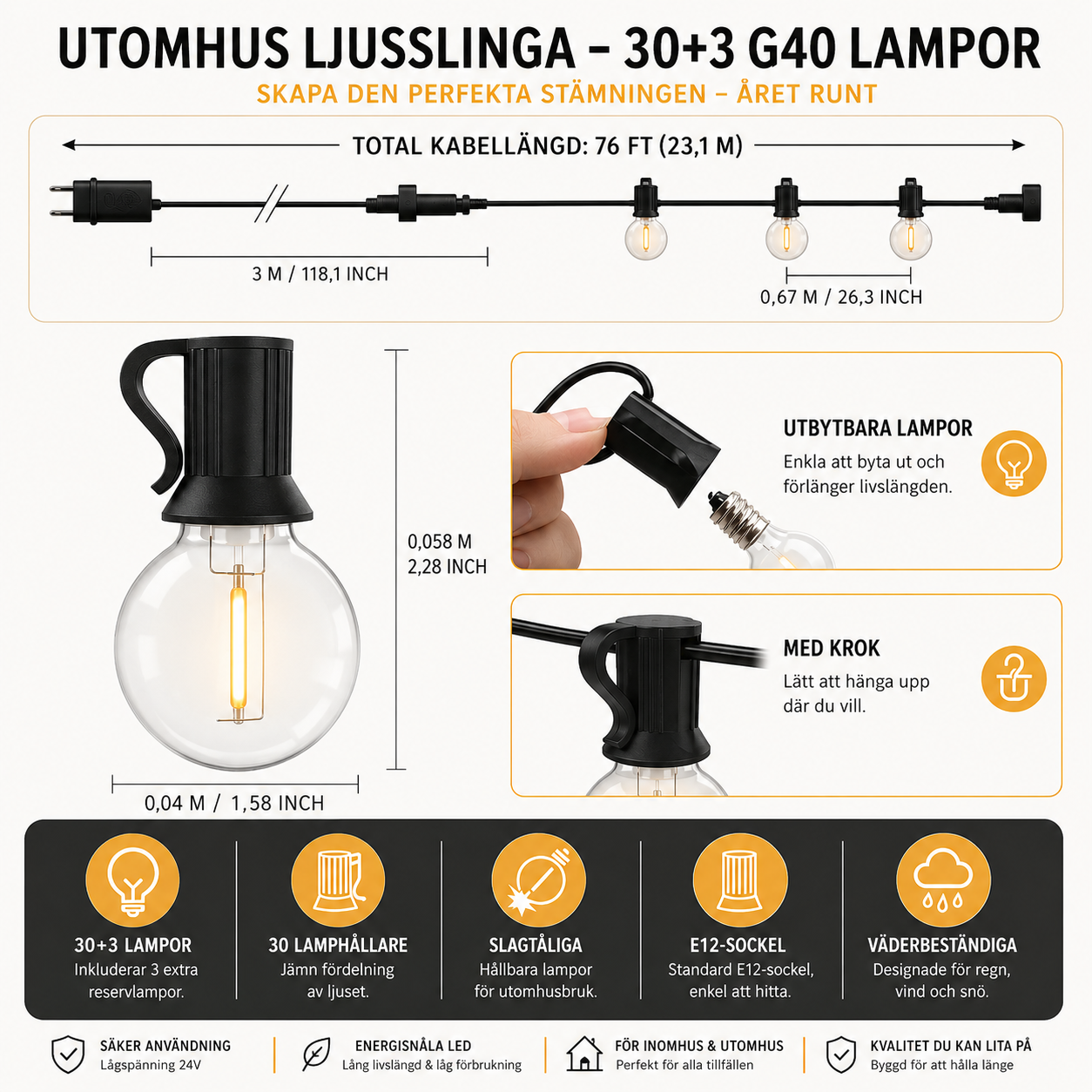 GlowSphere Utomhus Ljusgirland – Bruchsäker G40 Globe Dekorbelysning