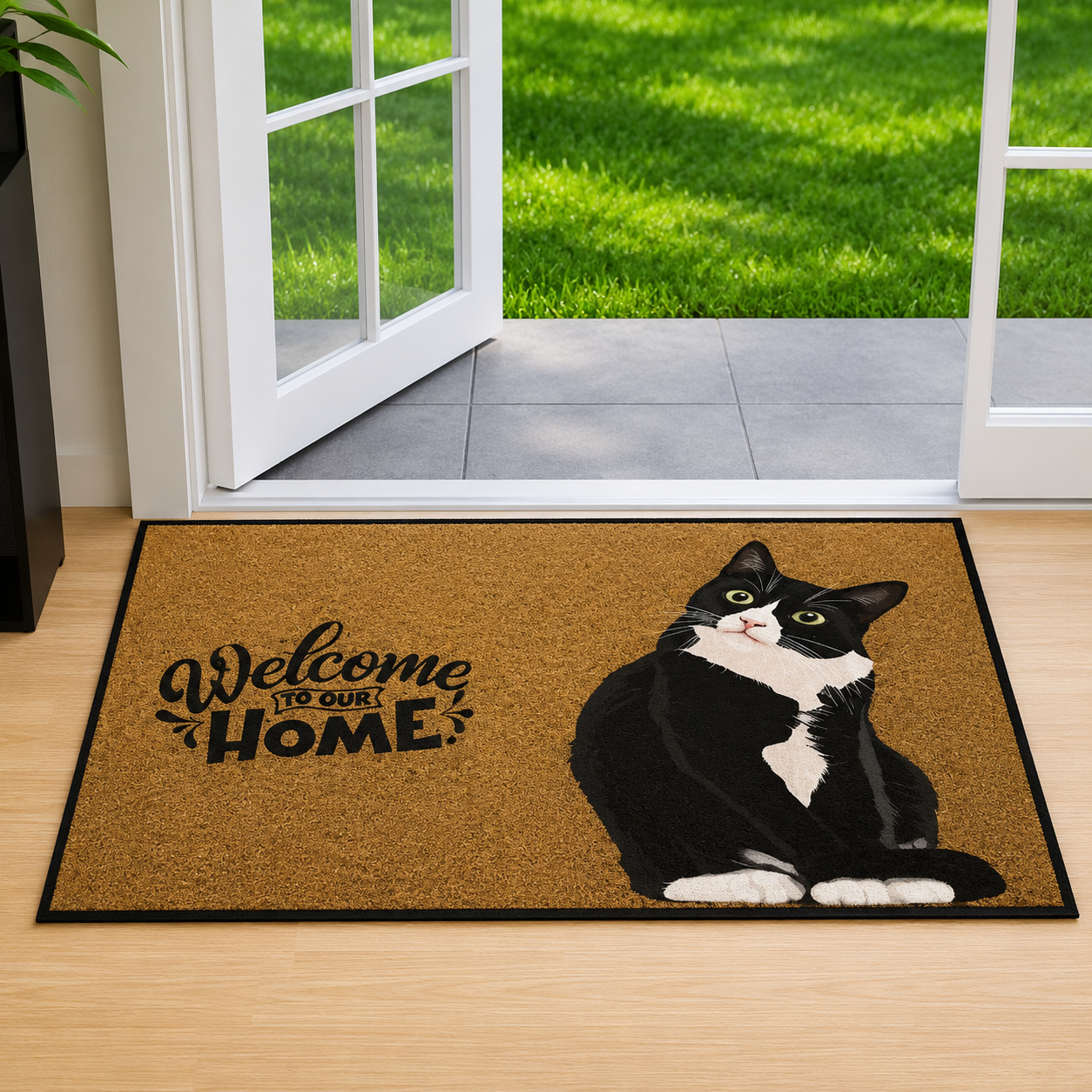 Kattmönstrad Dörrmatta – Fläckbeständig Flanellmatta med Halkskydd (30×50 / 40×60 cm)