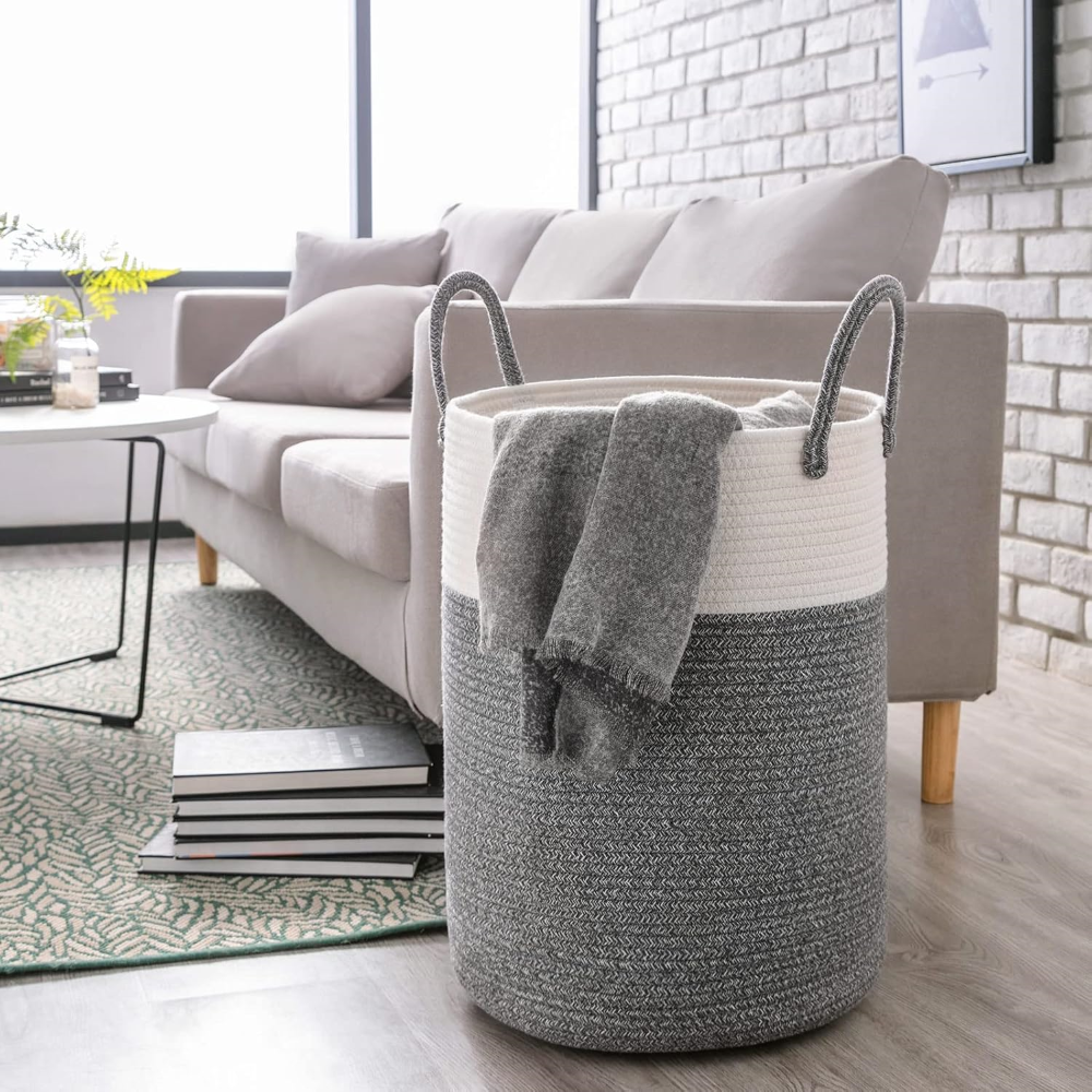 Flätad Tvättkorg i Bomull – Hopfällbar Förvaringskorg 58L med Handtag