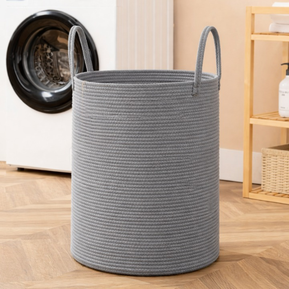Flätad Tvättkorg i Bomull – Hopfällbar Förvaringskorg 58L med Handtag