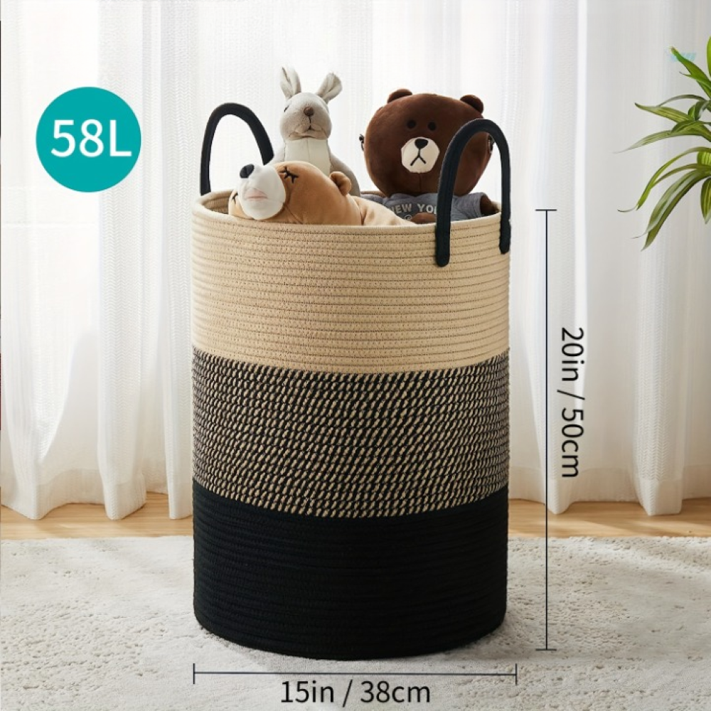 Flätad Tvättkorg i Bomull – Hopfällbar Förvaringskorg 58L med Handtag