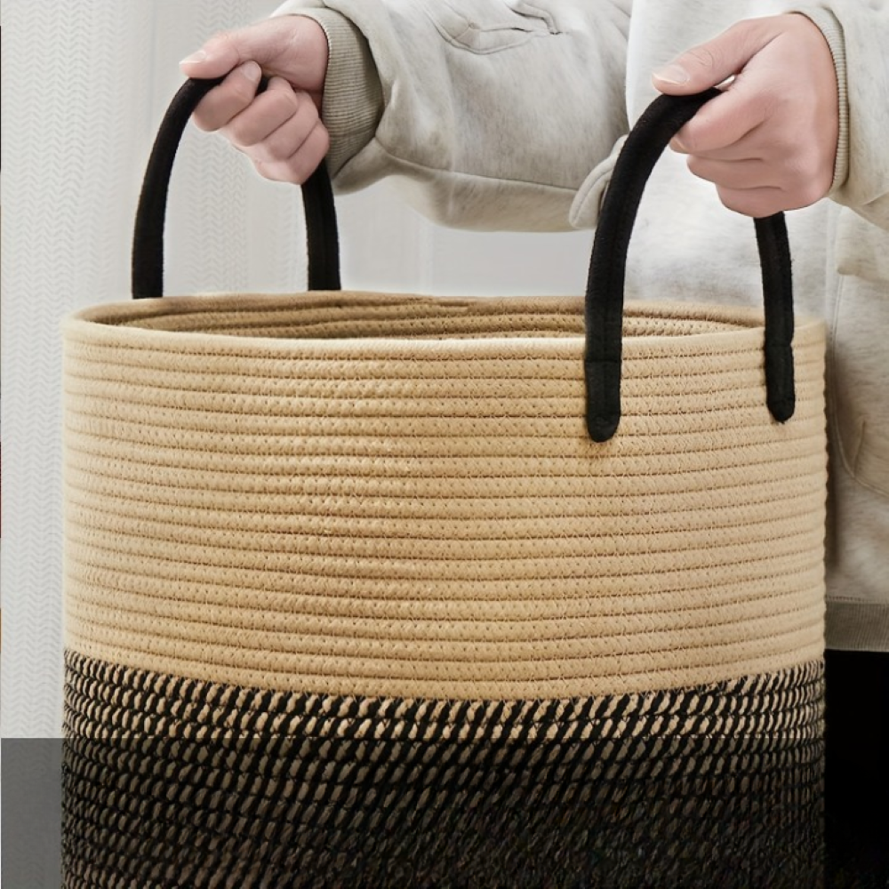 Flätad Tvättkorg i Bomull – Hopfällbar Förvaringskorg 58L med Handtag