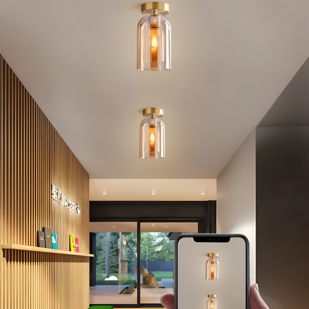 LumoSphere – Modern LED Taklampa i Glas med Svart & Guld Finish