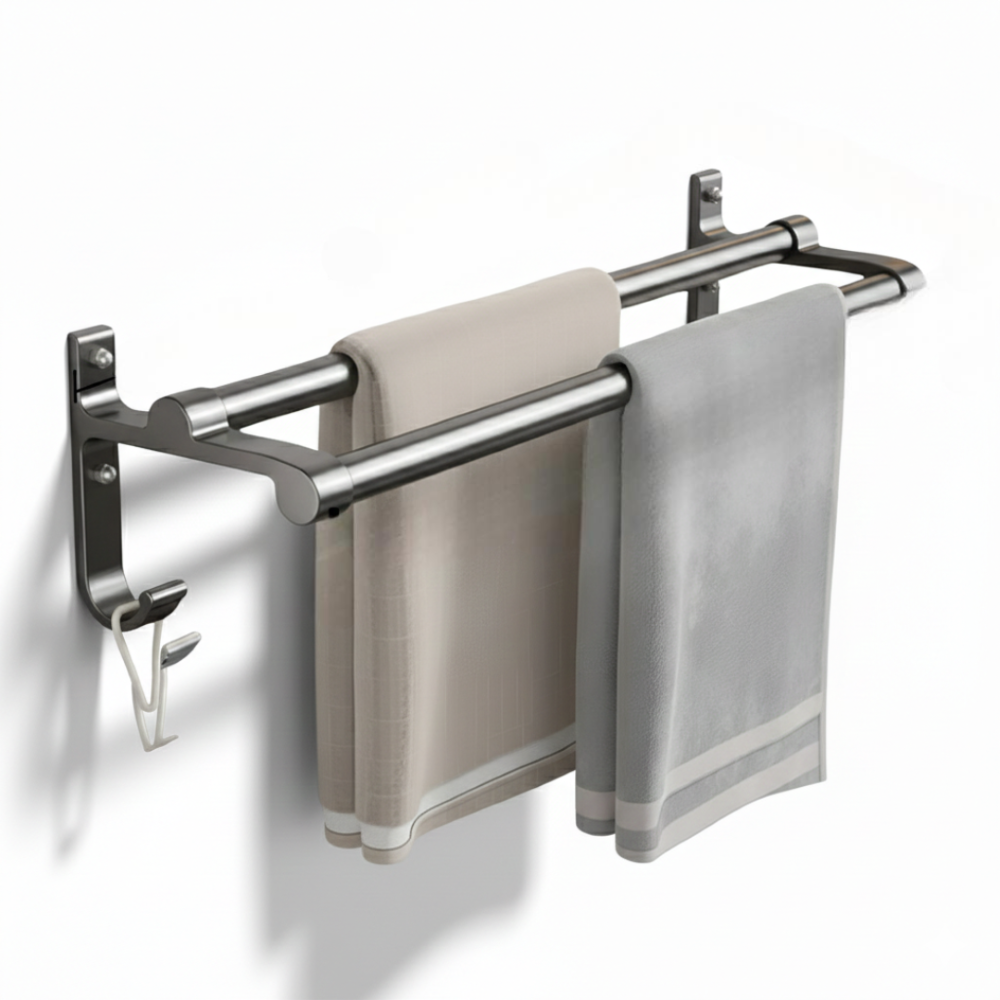 AeroTwin – Dubbel Handdukshållare i Rostfri Aluminium med Krokar (40/50 cm)