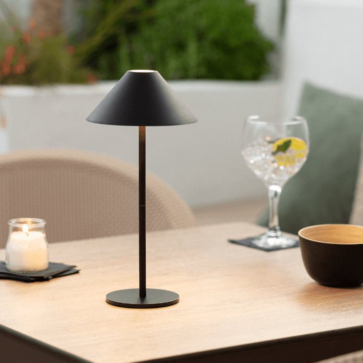 LumoCone – Trådlös uppladdningsbar bordslampa i svart med touch-dimfunktion och 360° belysning