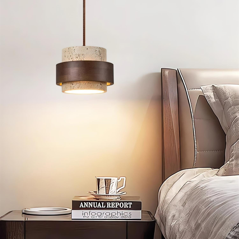 TerraLume – Japandi Pendellampa i Travertin och Valnöt