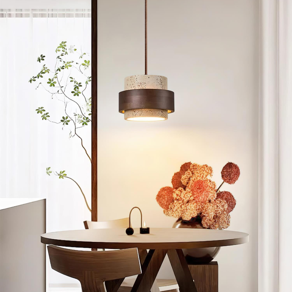 TerraLume – Japandi Pendellampa i Travertin och Valnöt