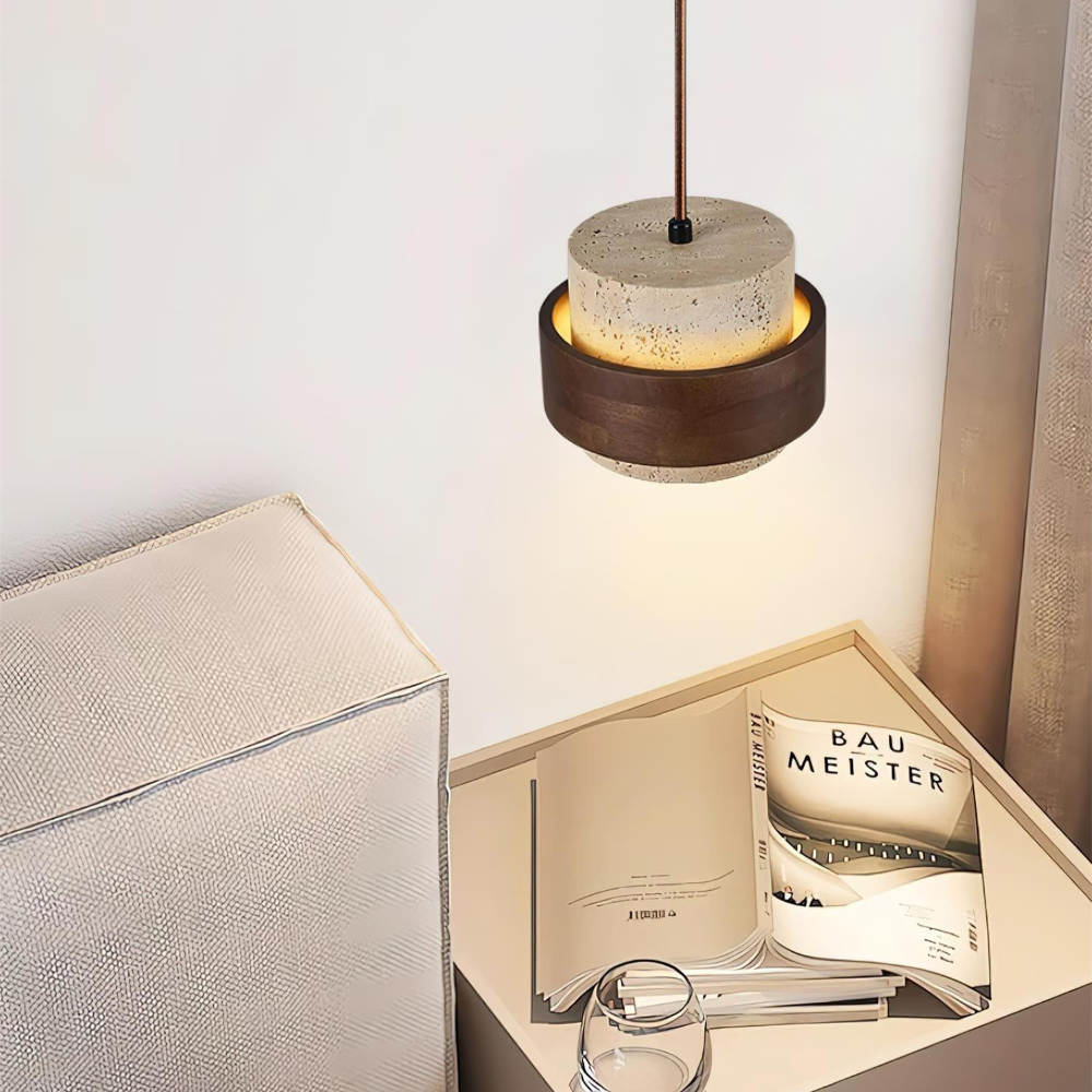 TerraLume – Japandi Pendellampa i Travertin och Valnöt