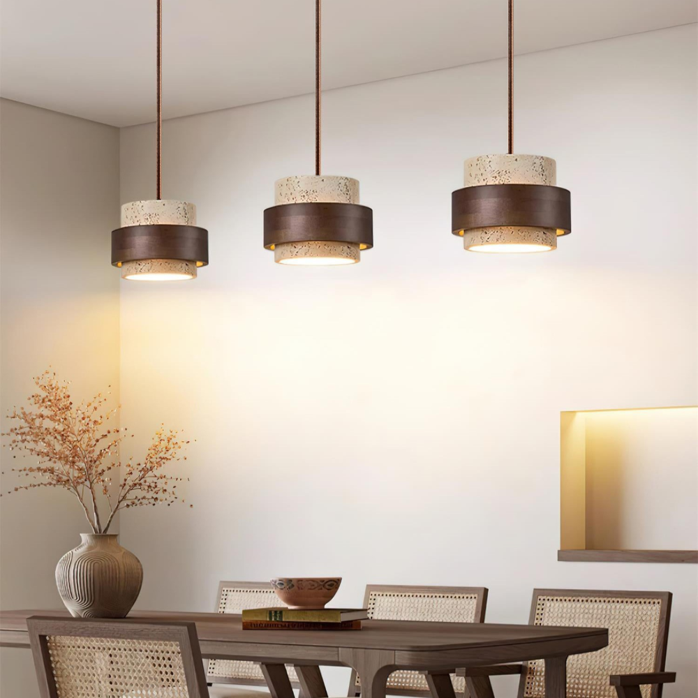 TerraLume – Japandi Pendellampa i Travertin och Valnöt