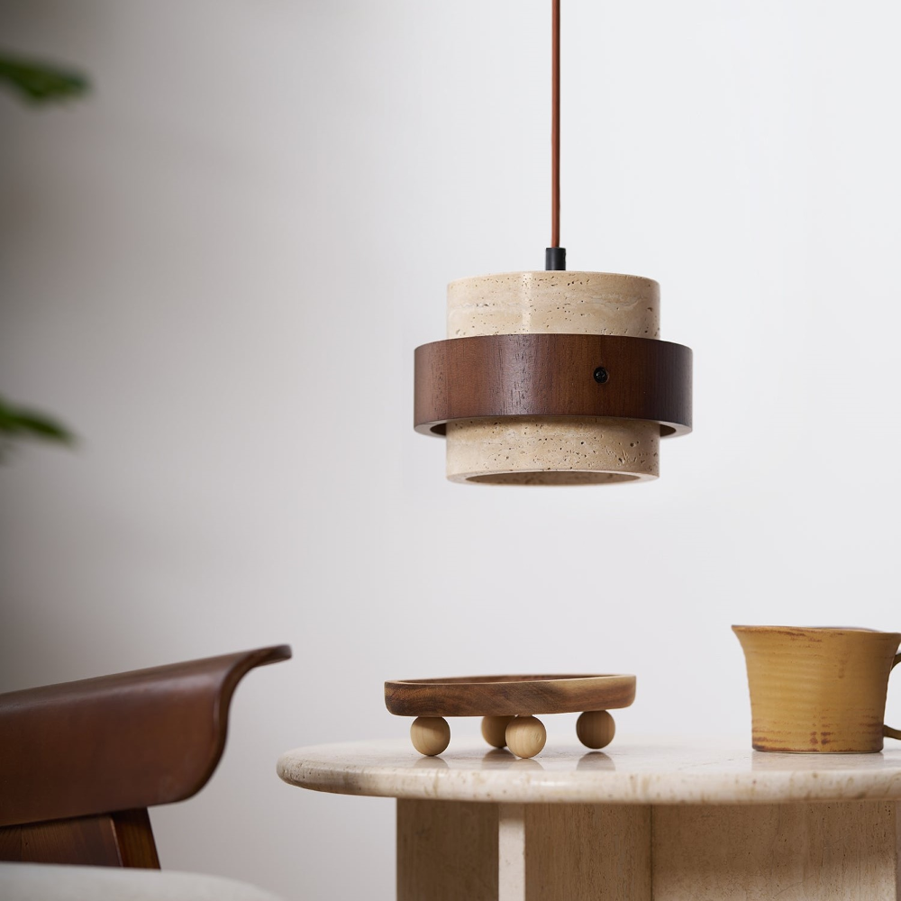 TerraLume – Japandi Pendellampa i Travertin och Valnöt