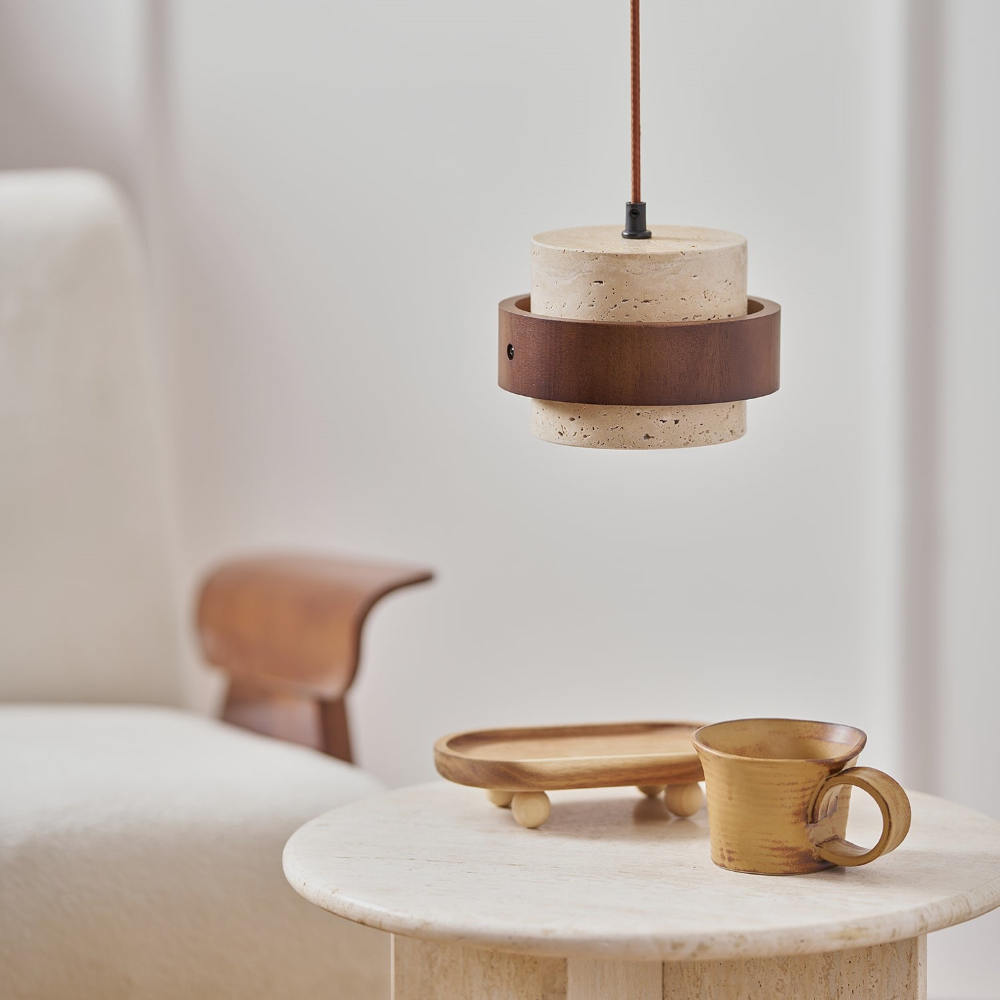 TerraLume – Japandi Pendellampa i Travertin och Valnöt