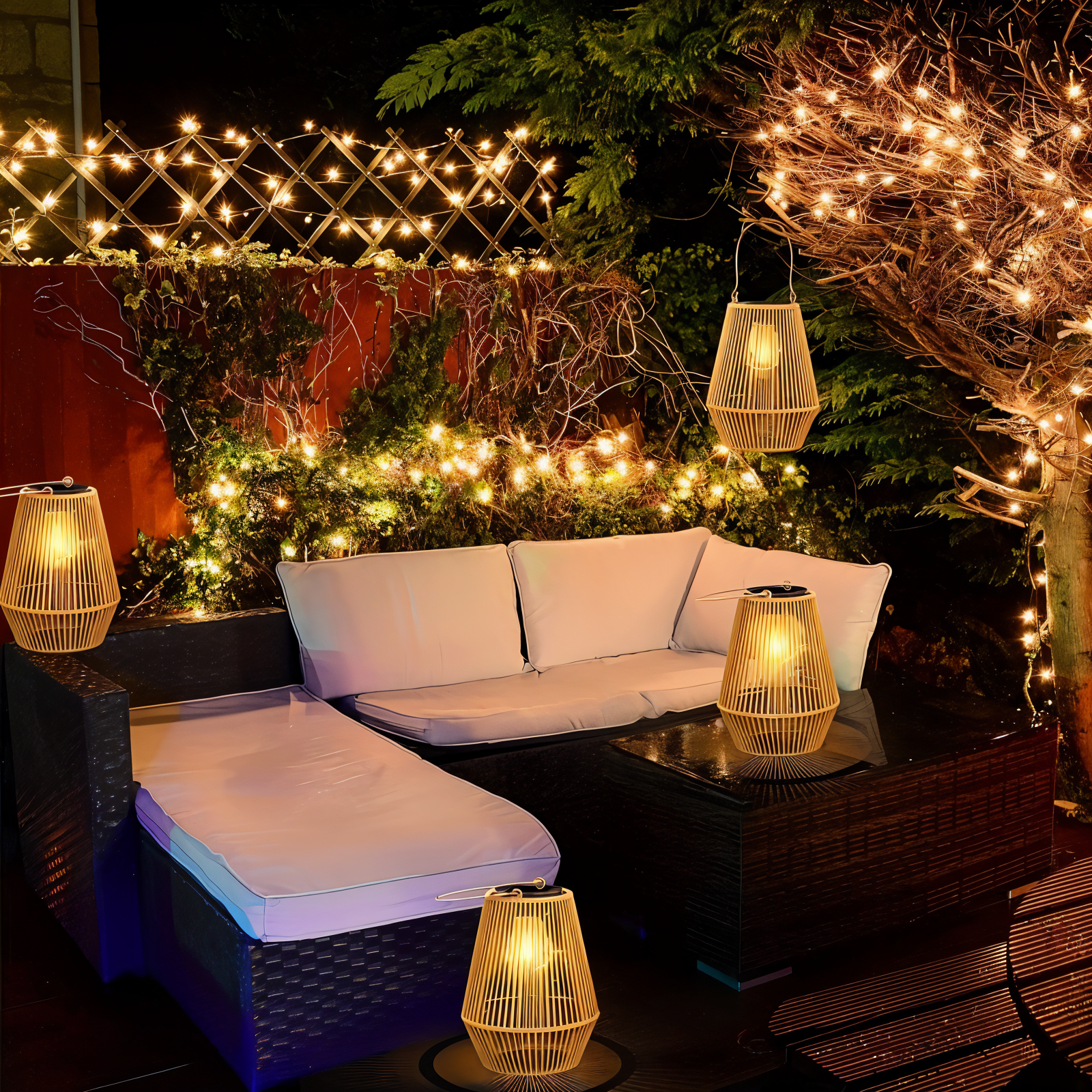 SolVävd Rattanlykta – Solcellsdriven Hänglykta i Handflätad Bambusdesign