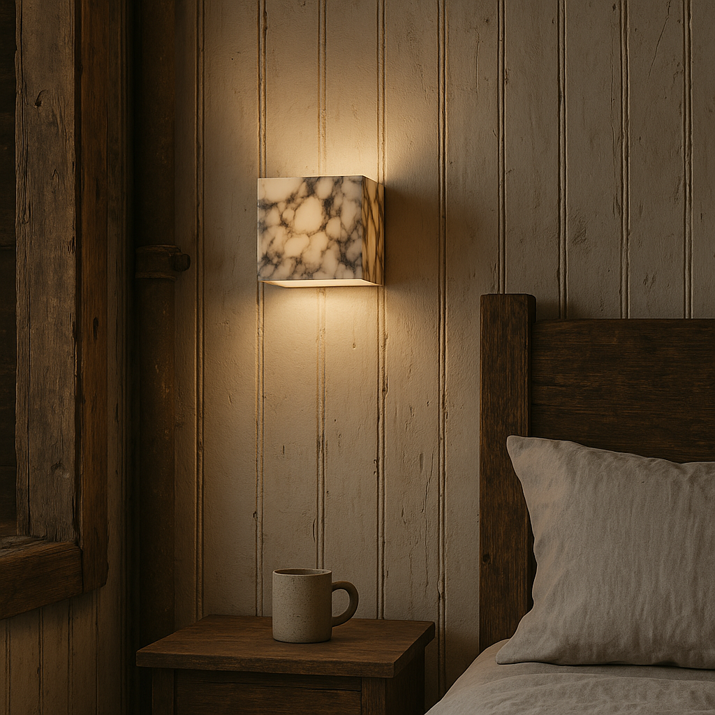 Kubformad vägglampa i marmor med LED-belysning