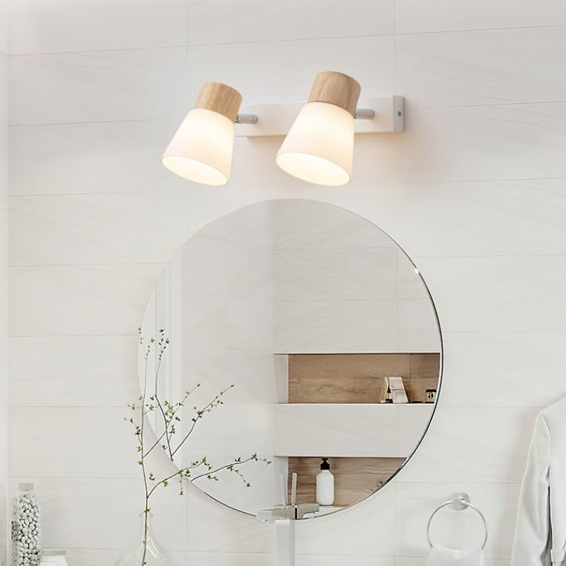 Skandinavisk vägglampa i trä och glas för spegel