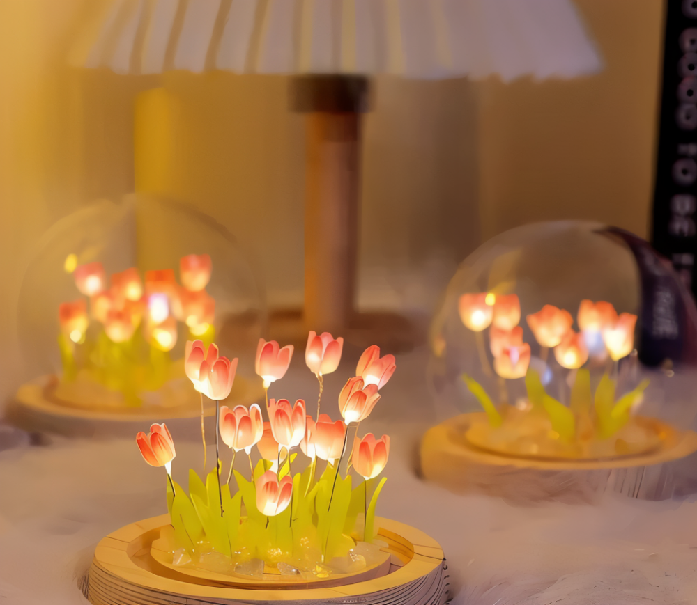 ArtifiTulip – Charmig DIY LED Blomsterlampa med Tulpaner och Glaskupol