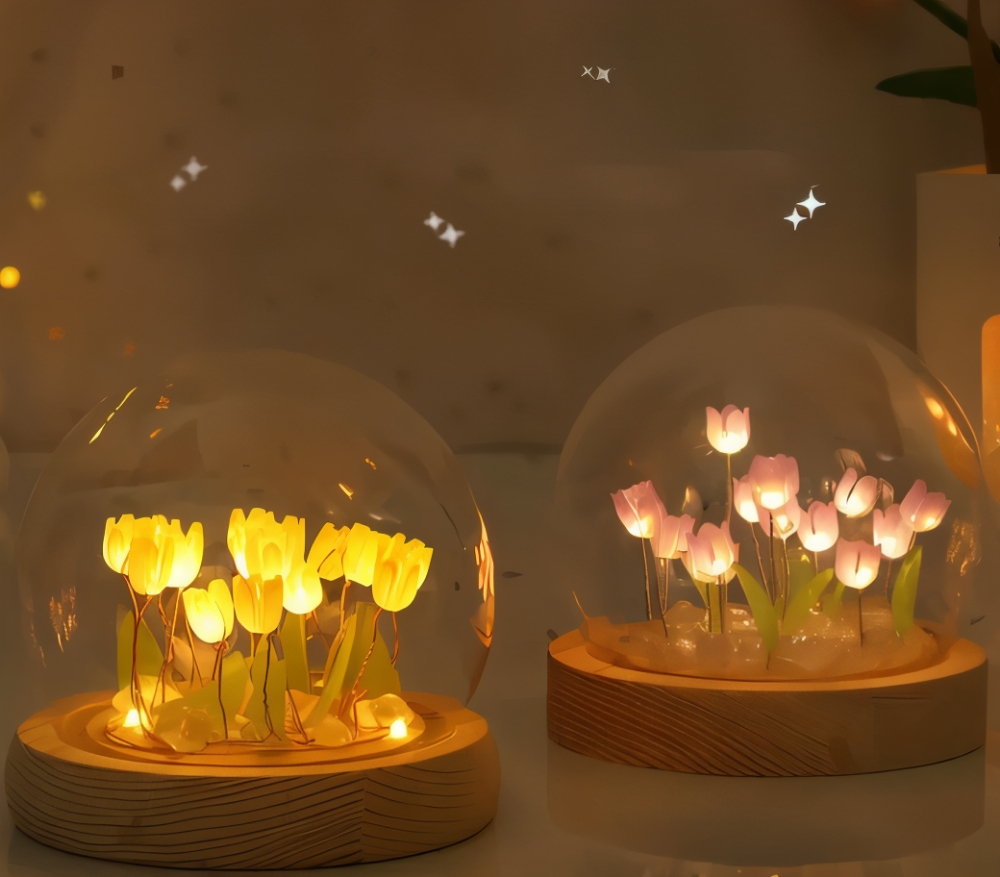 ArtifiTulip – Charmig DIY LED Blomsterlampa med Tulpaner och Glaskupol