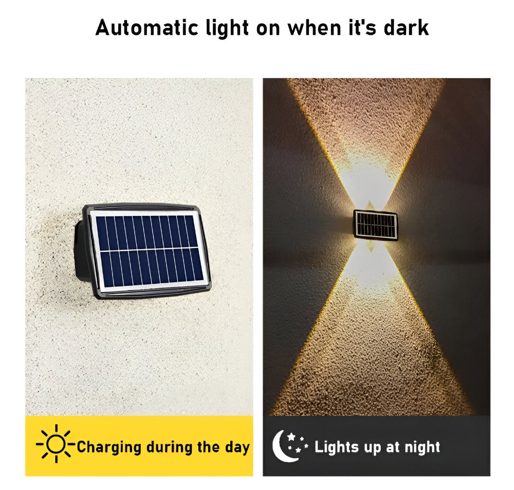 DualLit – Solcellsdriven Trädgårdsbelysning | Vattentät LED Vägglampa med Up & Down Ljus för Utomhusbruk