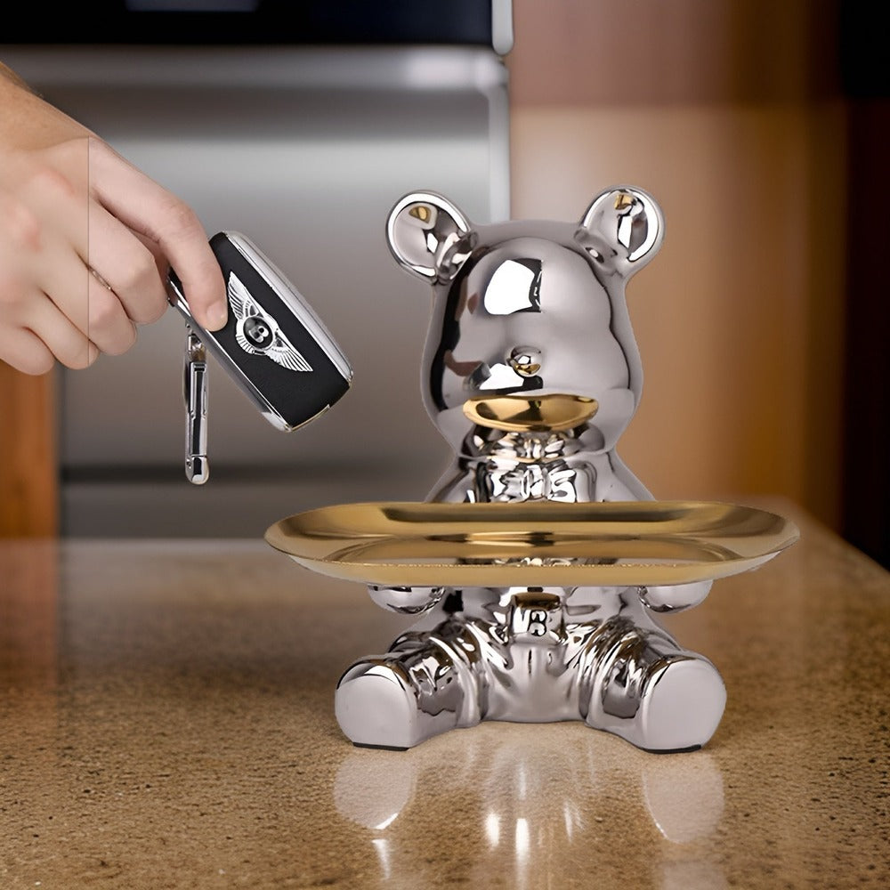 BearLuxe Bricka – Modern Keramisk Björnfigur med Elegant Displayfat