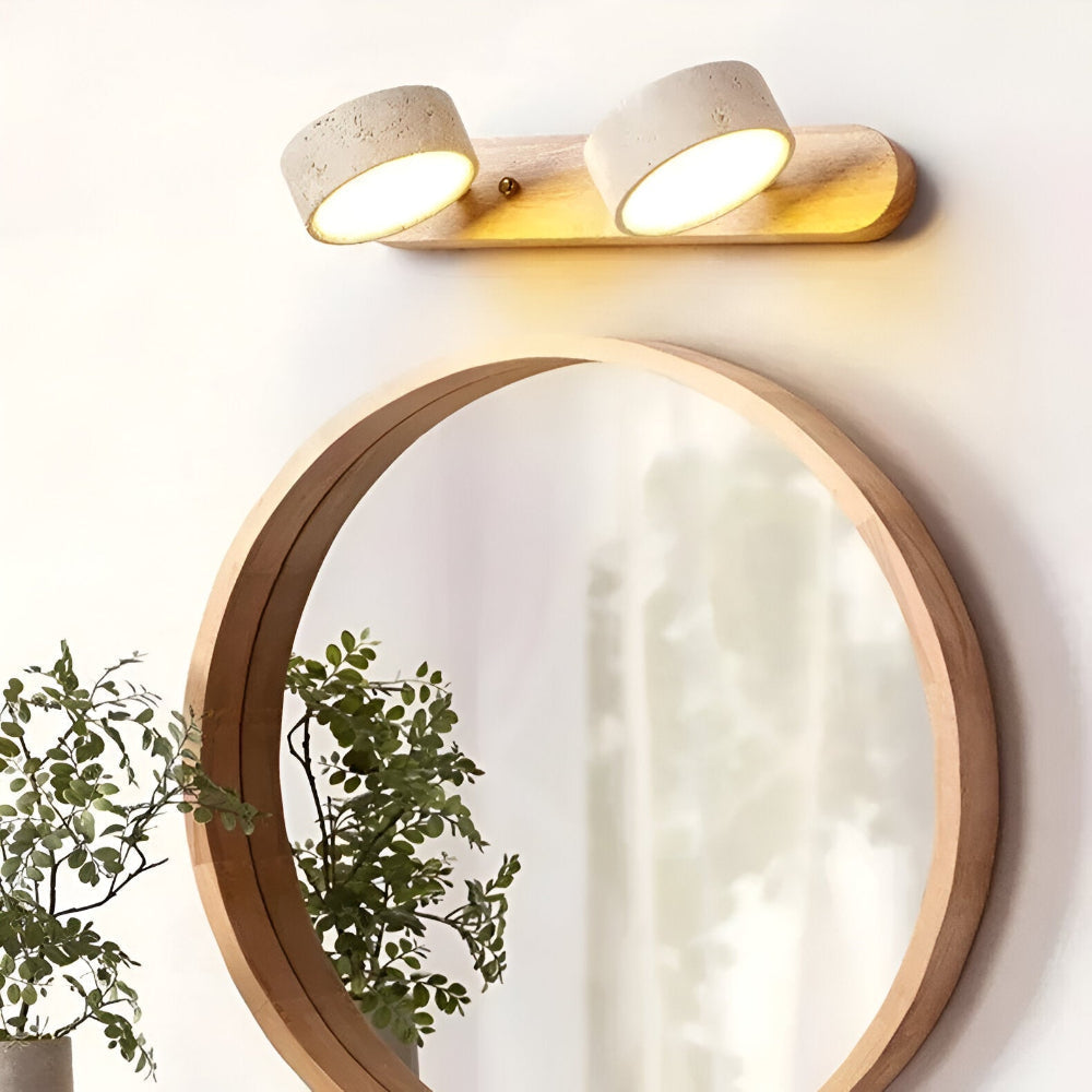 Trevano – Rund LED Vägglampa | Naturstensyta & Trä | Elegant Väggbelysning för Inomhusbruk