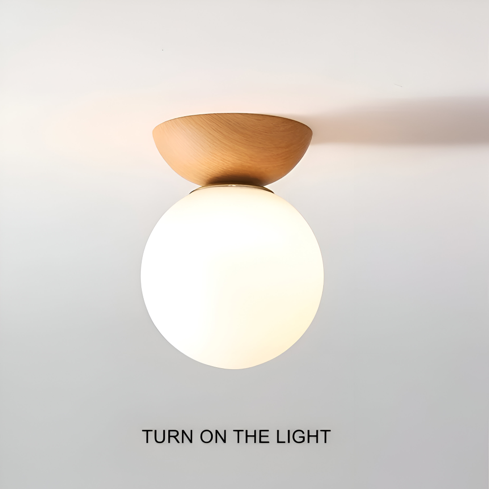 Kiyora – Japansk LED-Taklampa med Pärlformad Glaskupa och Träram