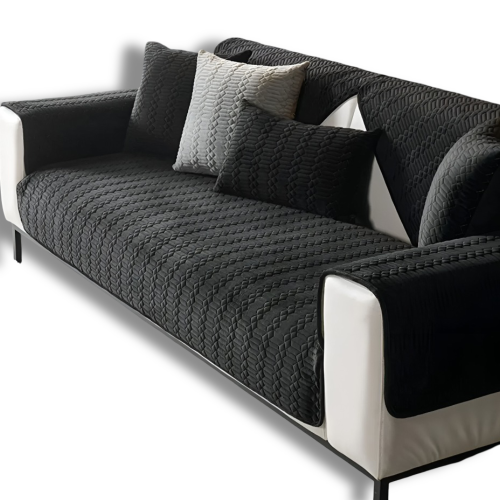 VelvetGuard Luxe – Svart Plyschigt Halkfritt Sofföverdrag med Geometrisk Struktur