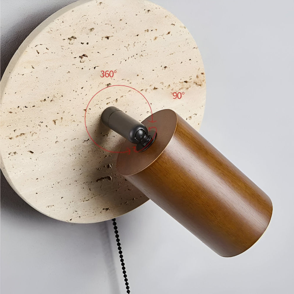 LumoStone – Mini Rund LED Vägglampa | Svängbar Vägglampa i Travertin & Trä