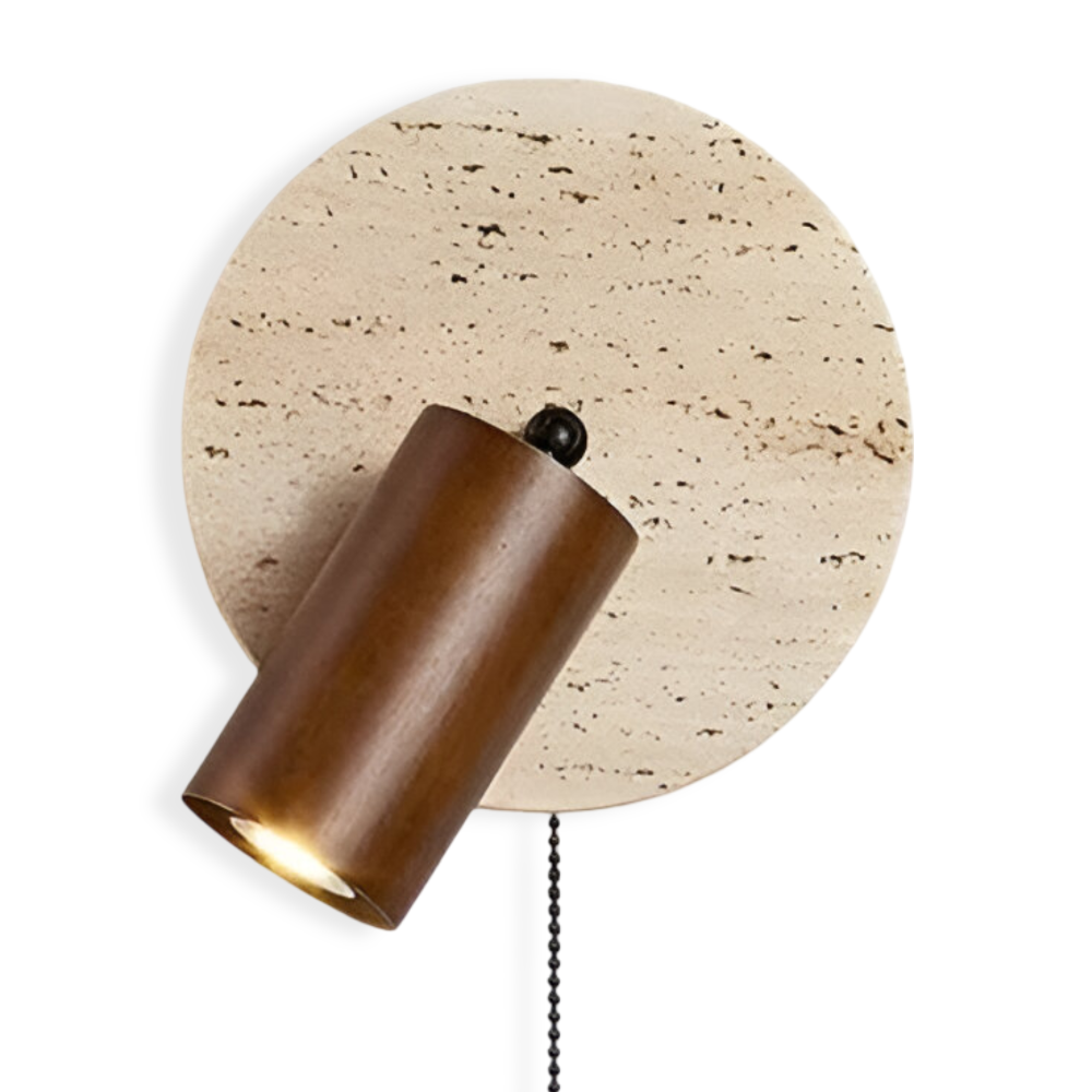 LumoStone – Mini Rund LED Vägglampa | Svängbar Vägglampa i Travertin & Trä