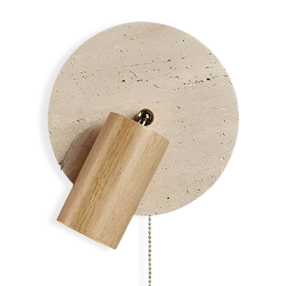 LumoStone – Mini Rund LED Vägglampa | Svängbar Vägglampa i Travertin & Trä