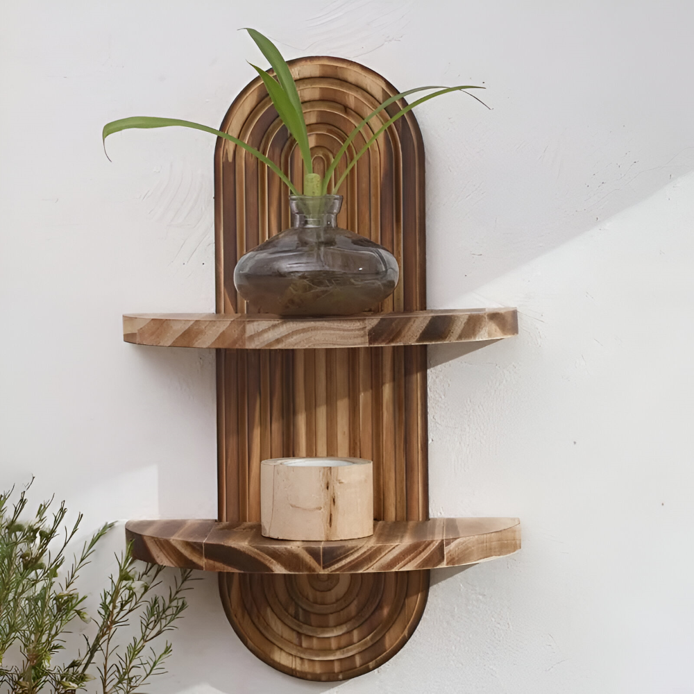 BohoRust Shelf – Handgjord Geometrisk Trähylla i Rustik Ovaldesign