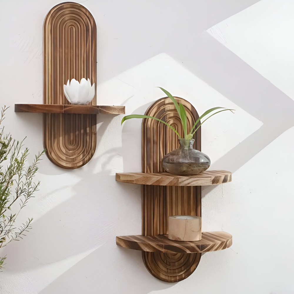 BohoRust Shelf – Handgjord Geometrisk Trähylla i Rustik Ovaldesign