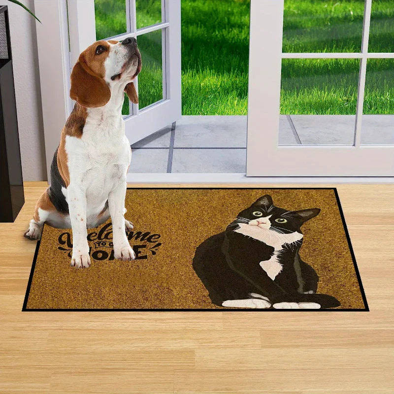 Kattmönstrad Dörrmatta – Fläckbeständig Flanellmatta med Halkskydd (30×50 / 40×60 cm)