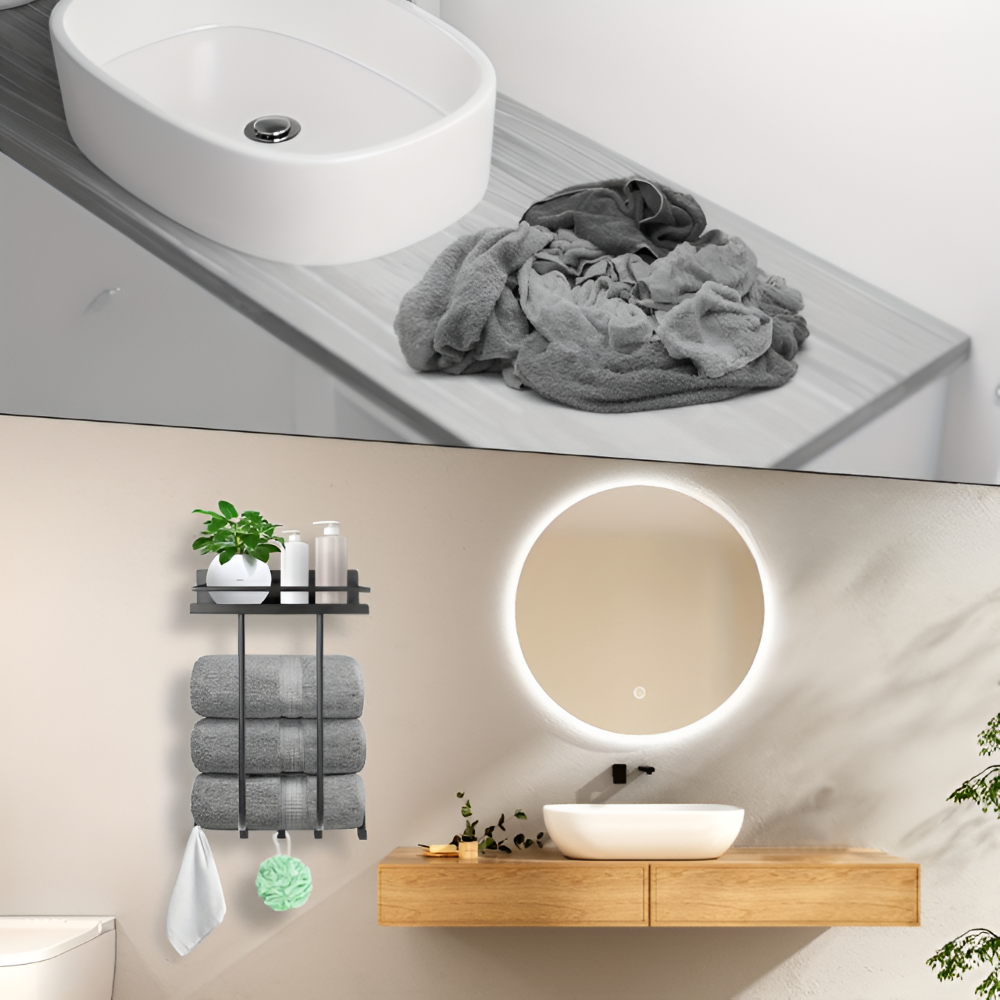 BlackShelf TowelRack – Elegant Väggmonterad Handdukshållare med Hylla & Krokar