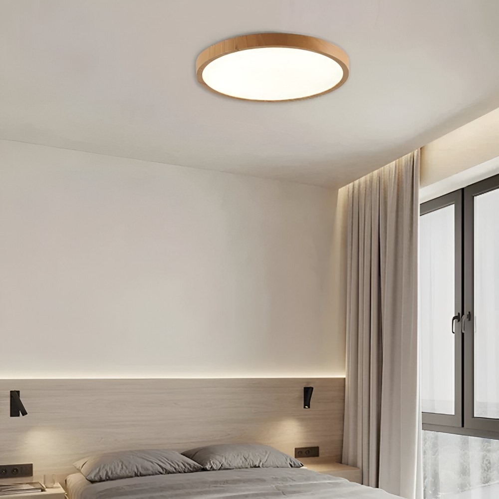 Stilfull Rund Taklampa – Ultratunn LED-Lampa med Varm Valnötseffekt