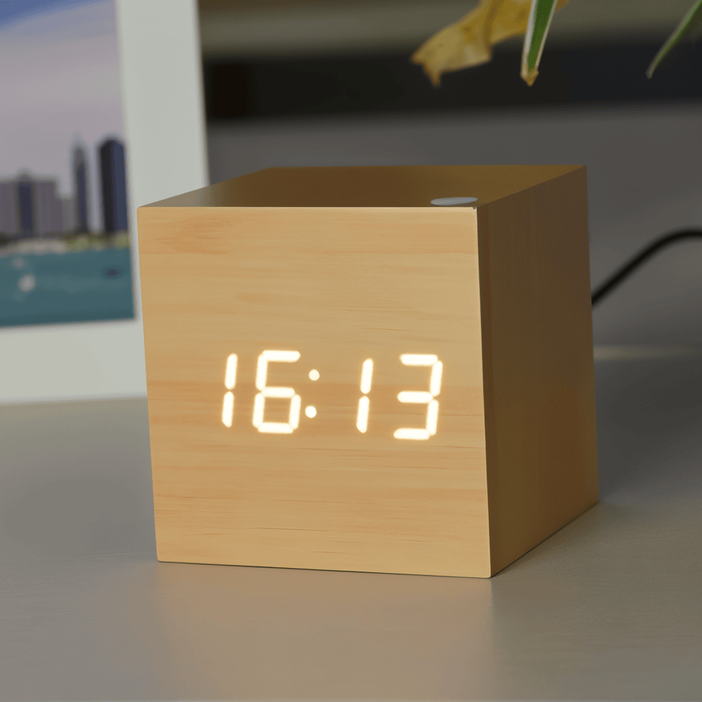 CubeGlow – Digital LED Träväckarklocka i Kubdesign