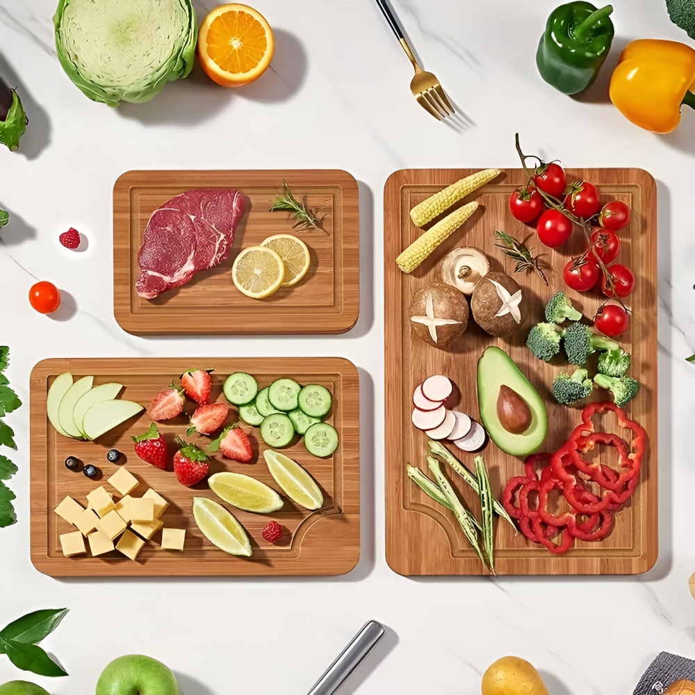 BambooCraft – 3-delat Skärbrädeset i Naturlig Bambu för Kött, Grönsaker & Frukt