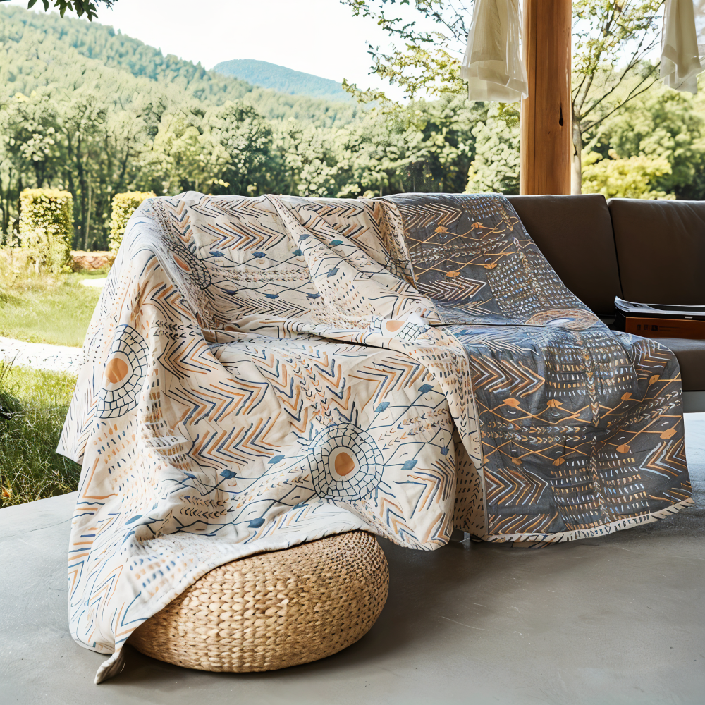 VividTwirl – Vändbar Bomullspläd i Boho-Design