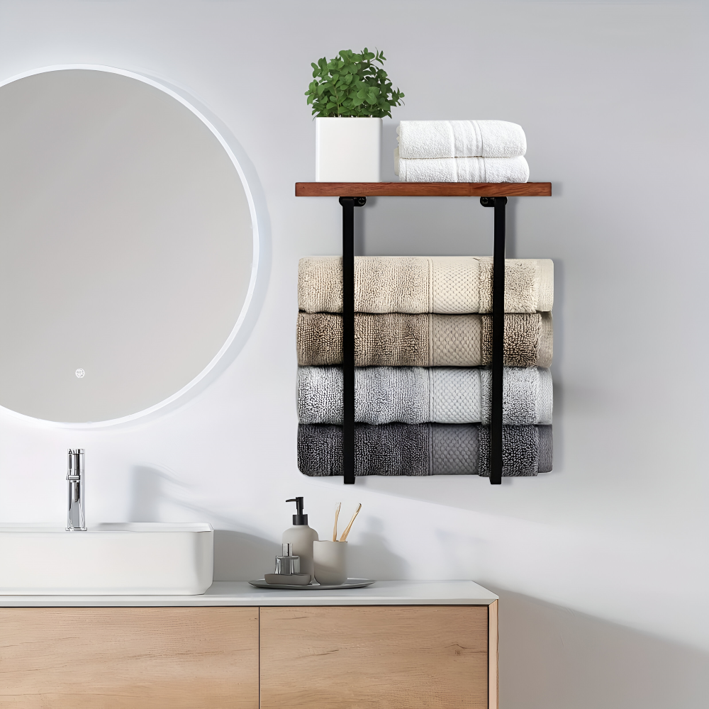 WoodRail Duo – Elegant Väggmonterad Dubbel Handdukshållare i Trä & Metall